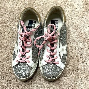 Women’s Golden Goose Sneakers Silver glitter pink laces size 8  EUC